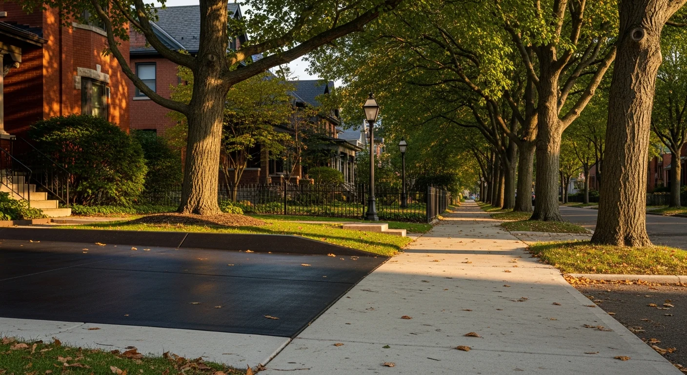 Residential street in Grand Rapids with tree-lined homes and brick facades typical of Heritage Hill neighborhood.