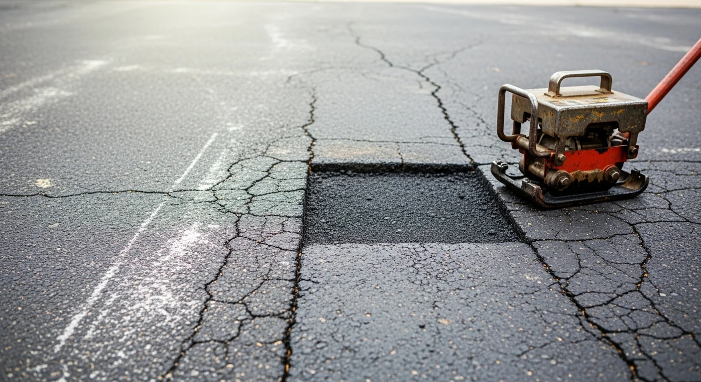 Freshly patched and sealed asphalt driveway in a Grand Rapids, MI residential neighborhood, showing smooth dark pavement with clean edges where cracked sections were repaired. Close view of a filled crack line running across a commercial parking lot surface in Grand Rapids after professional asphalt repair work.