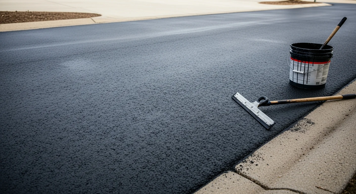A freshly sealcoated residential asphalt driveway in Grand Rapids, Michigan, showing a uniform dark black surface with clean edges. The surrounding yard reflects a typical West Michigan neighborhood setting after a professional coating application.