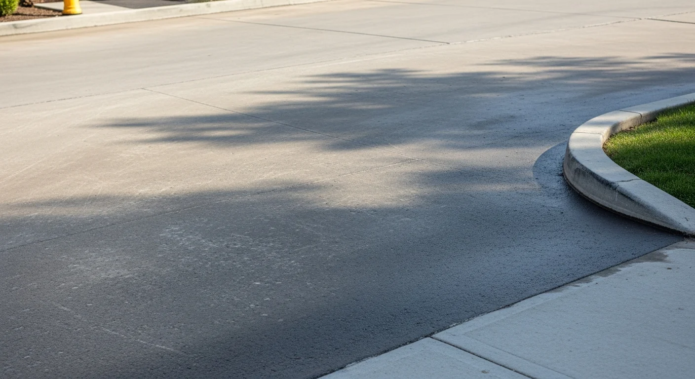 A freshly applied concrete overlay on a residential driveway in Grand Rapids, showing a smooth, sealed surface with clean edges. The restored concrete contrasts with the weathered original slab visible at the border.