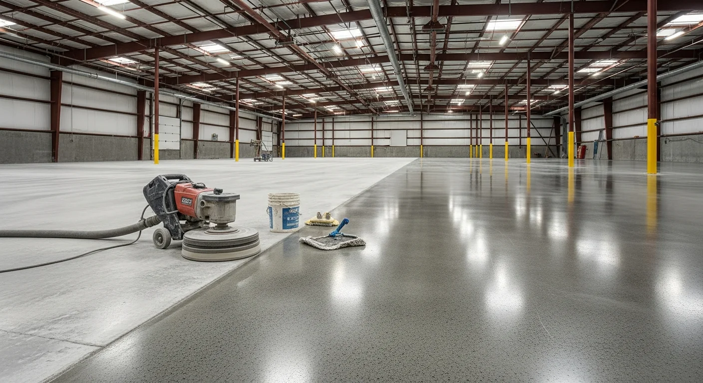 A freshly polished concrete floor inside a Grand Rapids commercial space, showing a smooth, high-gloss reflective surface with visible light reflection across the slab. The floor transitions from a rough, uncoated edge to a fully polished field, illustrating the concrete restoration work completed by Grace and Grit Coatings.