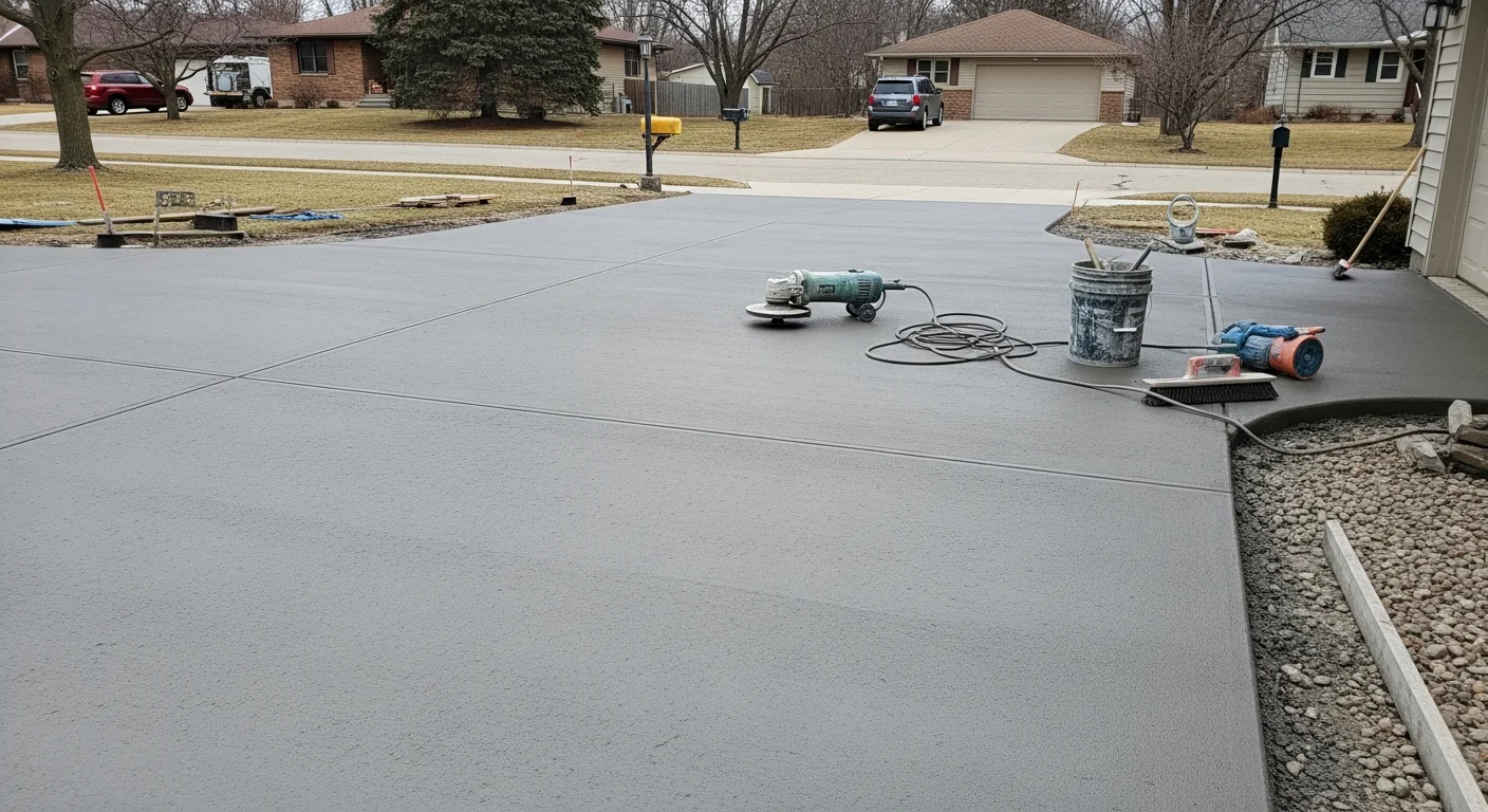 A freshly resurfaced concrete driveway in Grand Rapids, Michigan showing a smooth, uniform gray finish free of spalling and surface cracks. The restored slab runs from the street to a residential garage on a typical West Michigan property.