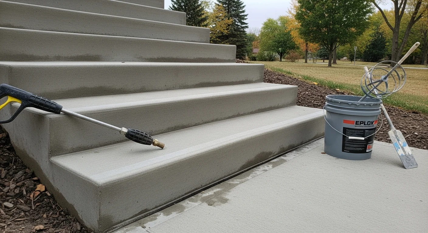 Freshly coated outdoor concrete stairs at a Grand Rapids residential property, showing a clean textured surface finish on a multi-step front entry. The coating covers the full tread and riser face with a uniform color and visible slip-resistant texture.