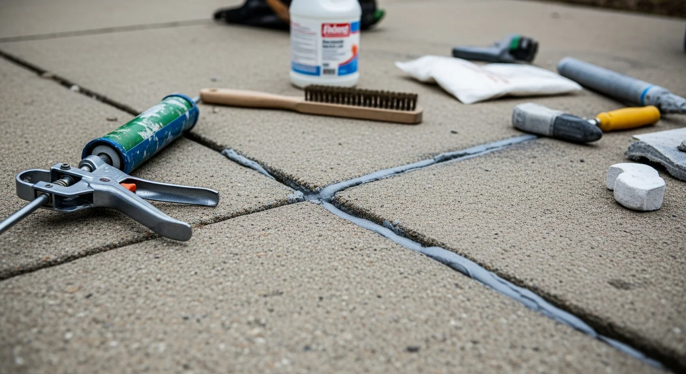 Close-up of a repaired concrete driveway crack in Grand Rapids, showing a clean, flush fill line blended into the surrounding gray slab surface. A garage floor in the background shows additional crack repair work completed by Grace and Grit Coatings.