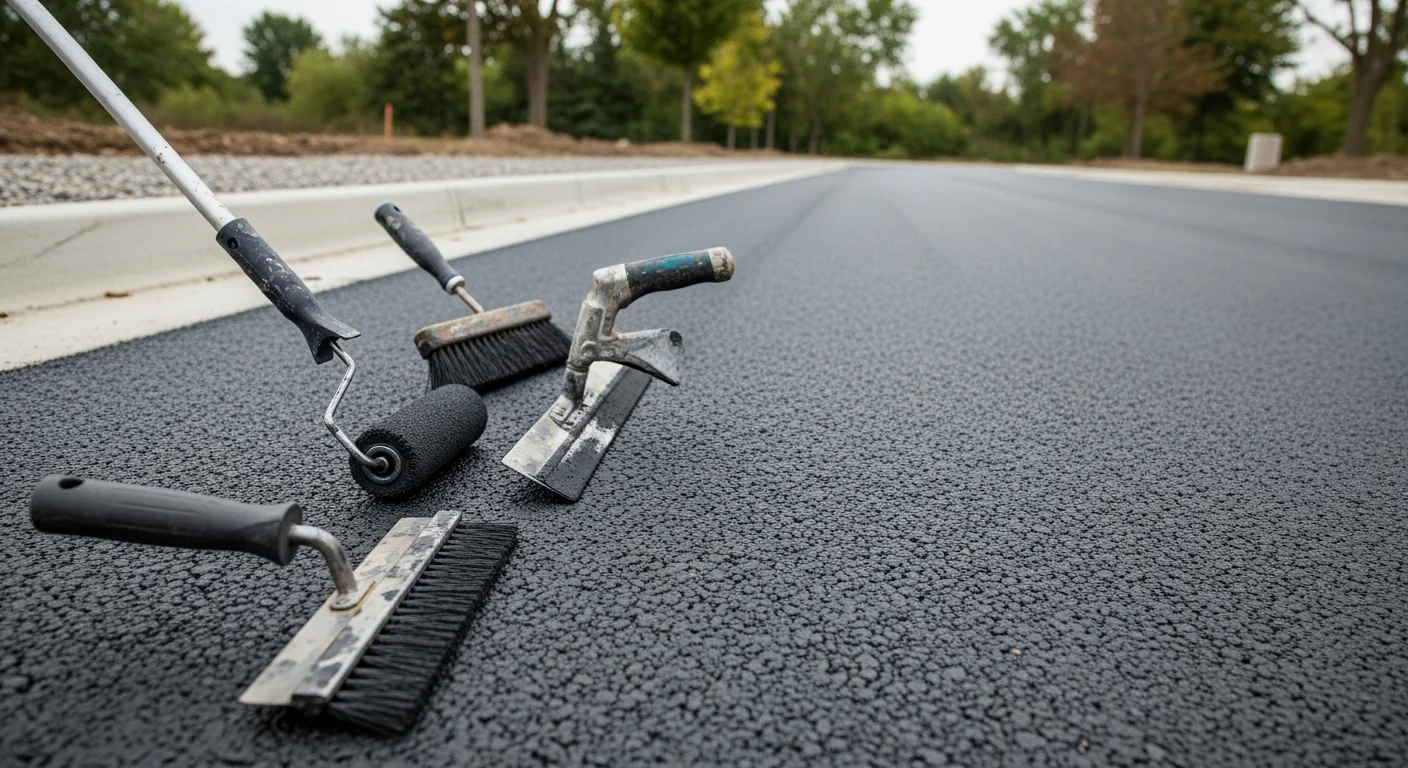 A freshly coated asphalt surface with a clean, solid decorative color finish on a Grand Rapids commercial property. The coating shows even coverage and defined edges with no peeling or surface wear.