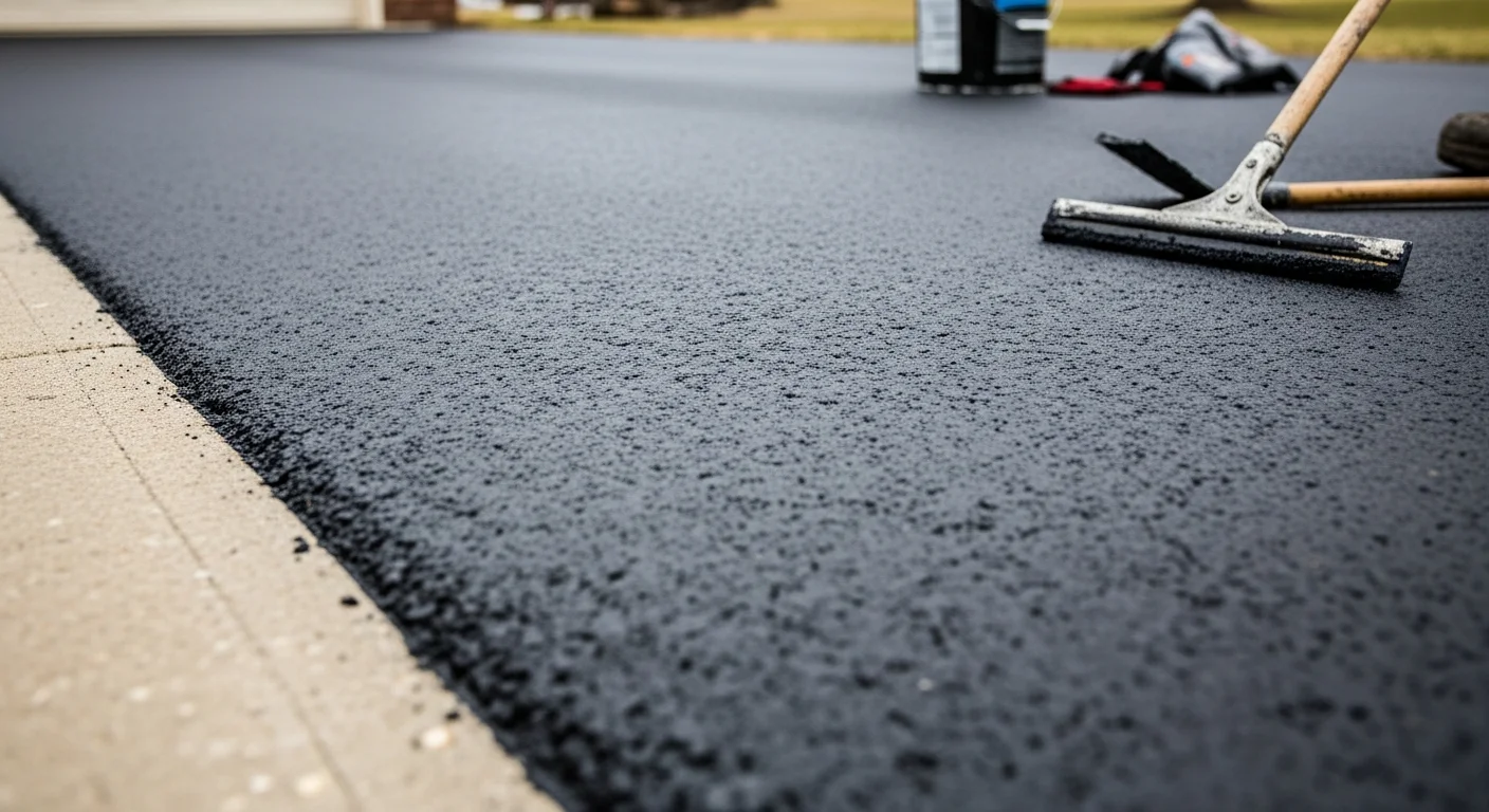 A freshly coated decorative asphalt driveway in Grand Rapids, Michigan, showing a uniform colored surface with clean edges against a residential property. The coating covers the full driveway width with no visible cracking or fading.
