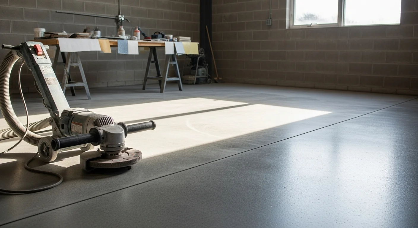 A freshly ground and sealed concrete garage floor in a Grand Rapids home, showing a smooth, low-sheen surface free of staining and old coating residue. The sealed finish reflects overhead lighting evenly across the full slab.