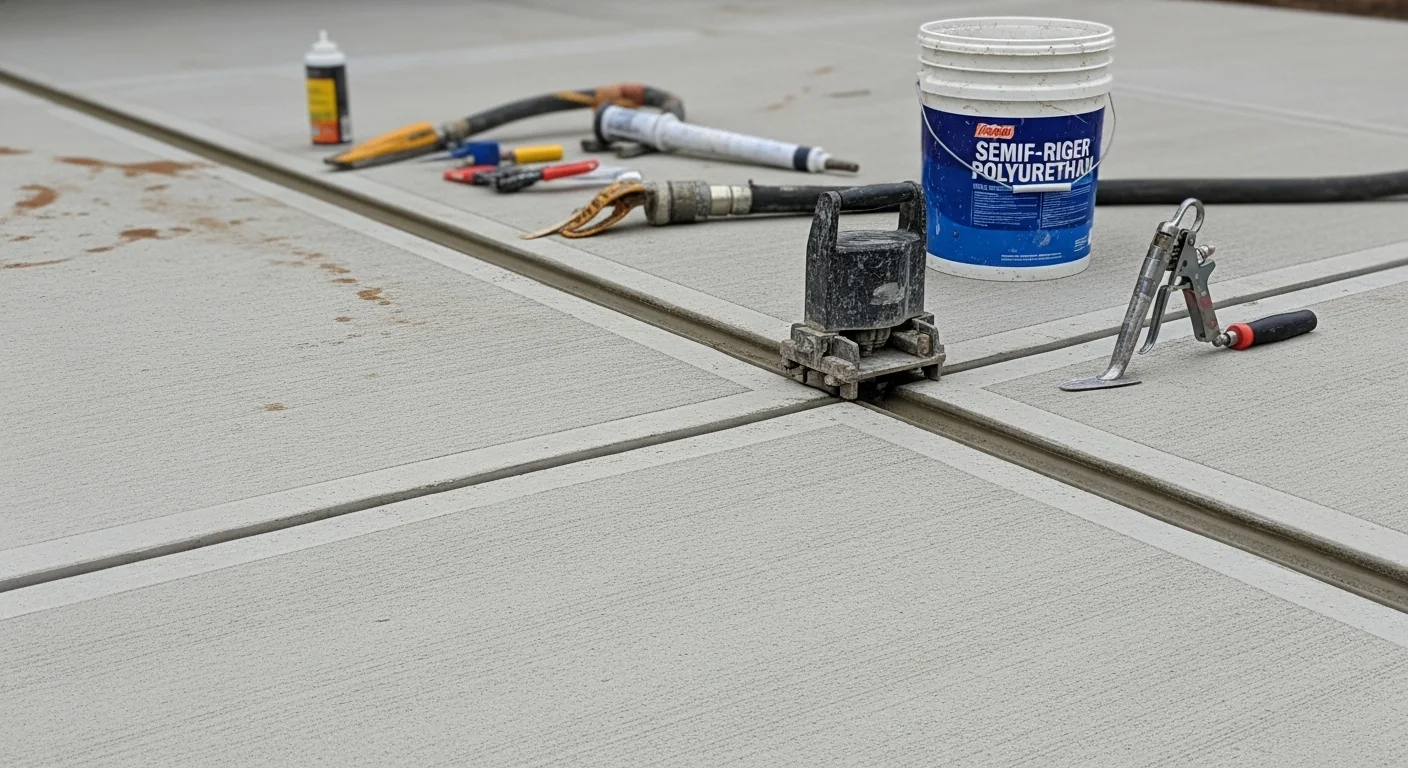 Close-up of a freshly filled concrete control joint on a Grand Rapids garage floor, showing clean edges and smooth filler flush with the surrounding slab surface. The repaired joint runs the length of the floor with no cracking or spalling at the edges.
