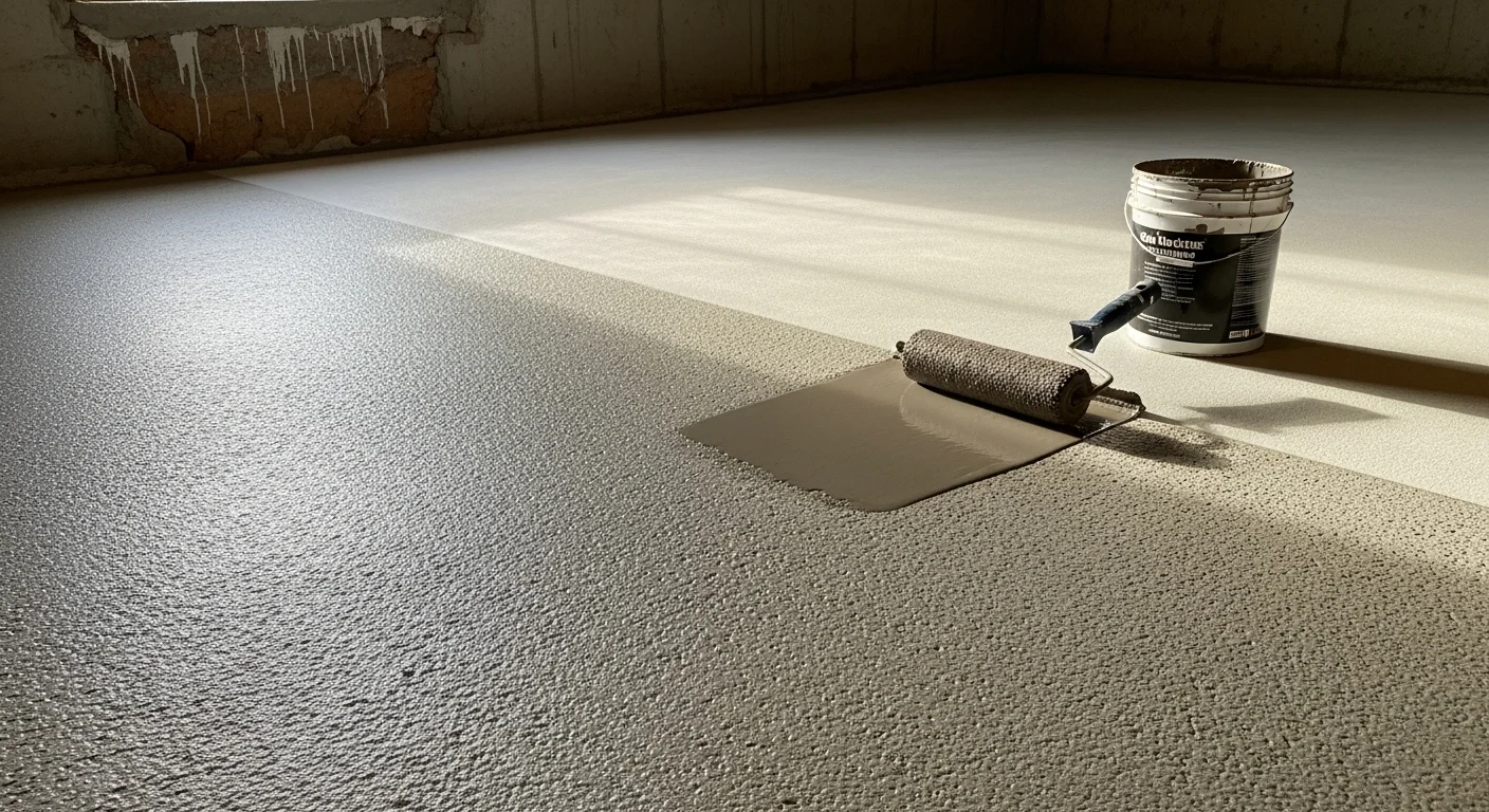 A freshly prepped concrete basement slab in a Grand Rapids home with a moisture vapor barrier system applied, showing a clean, uniform surface ready for floor coating installation. The below-grade space is dry and free of visible efflorescence or moisture staining.