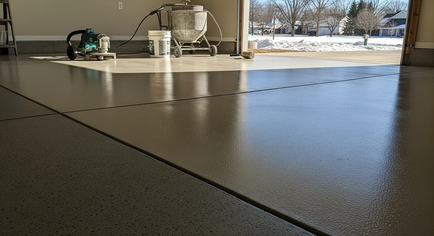 A freshly coated Grand Rapids garage floor with a gray vinyl flake polyaspartic finish, showing a smooth sealed surface free of stains and cracks. The two-car garage floor reflects overhead lighting and shows no tire marks or concrete dusting.