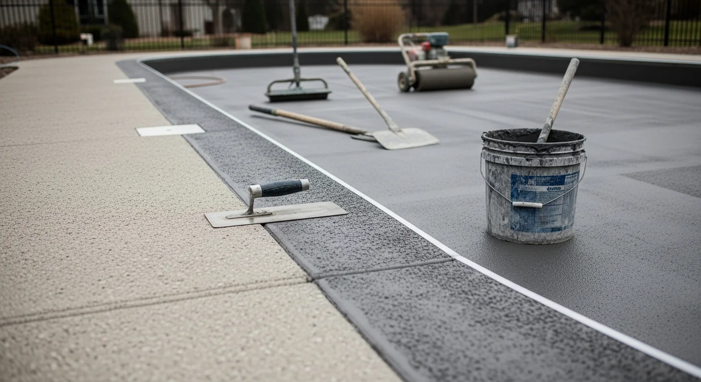 A freshly installed seamless EPDM rubber pool deck surrounding an in-ground pool at a Grand Rapids home, showing a textured, slip-resistant surface in a solid earth-tone color. The deck surface runs flush to the pool edge with no visible joints or grout lines.