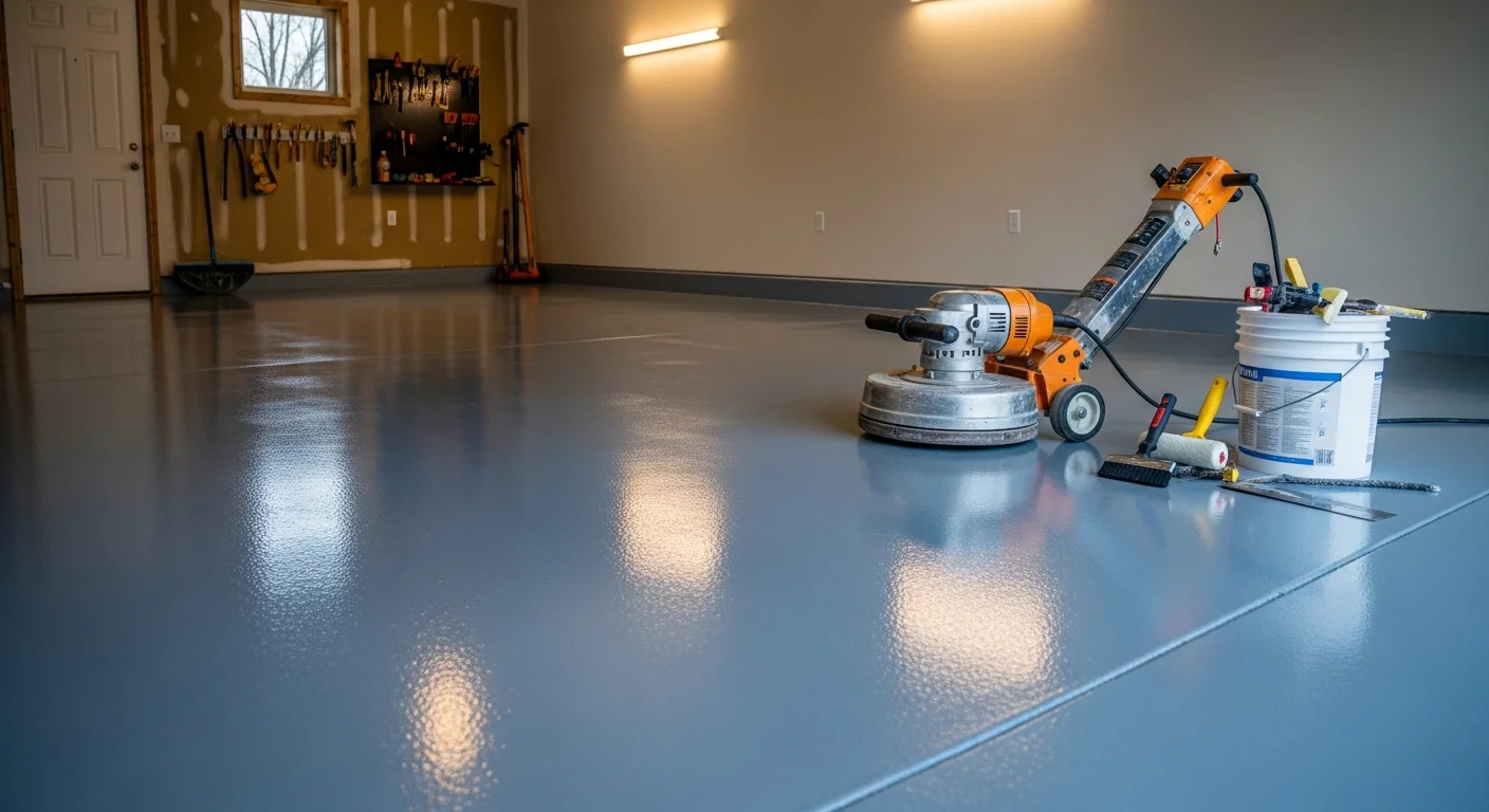 A Grand Rapids garage floor finished with a smooth, solid charcoal gray concrete coating system, showing a clean uniform surface free of stains or cracks. The high-gloss sealed finish reflects overhead lighting across the full slab.