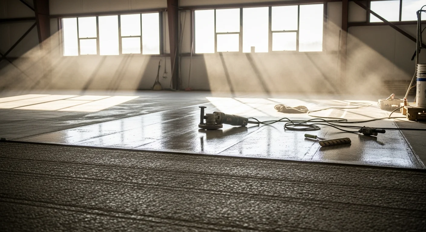 A freshly installed specialty resin floor coating on a concrete slab inside a Grand Rapids commercial property, showing a smooth, seamless surface with a clean sheen under overhead lighting. The floor reflects the surrounding space and shows no visible seams, cracks, or bare concrete.