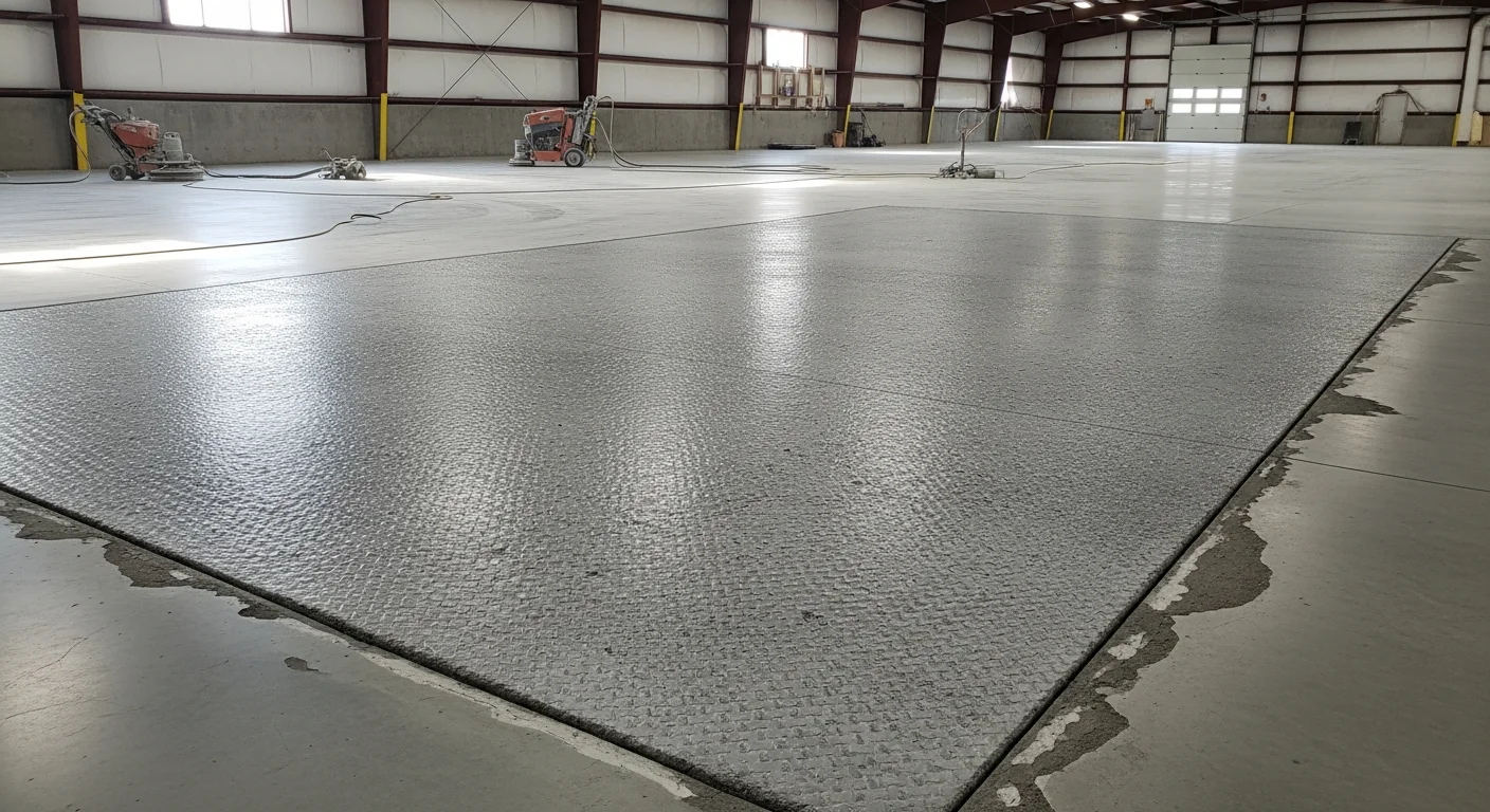A Grand Rapids concrete garage floor mid-surface grinding, showing the contrast between the raw, open concrete profile being revealed and the old deteriorated coating still present at the edges. Diamond grinding equipment positioned on the slab with dust collection attached.
